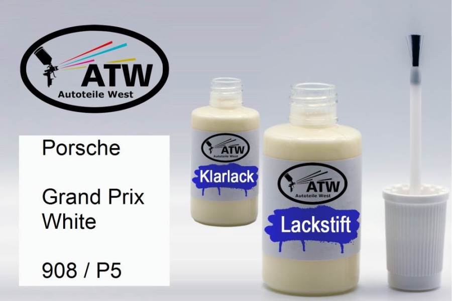 Porsche, Grand Prix White, 908 / P5: 20ml Lackstift + 20ml Klarlack - Set, von ATW Autoteile West.